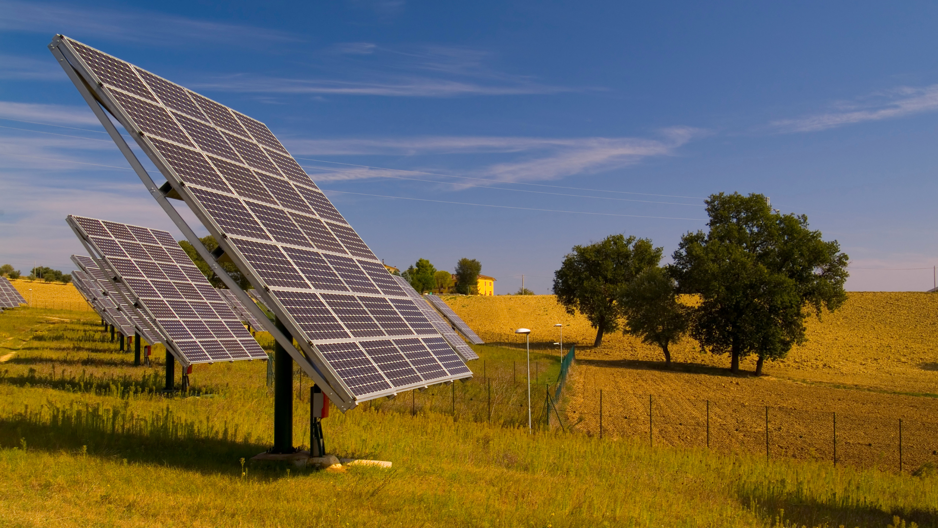 Trackers solaires agricoles disposés dans un champ