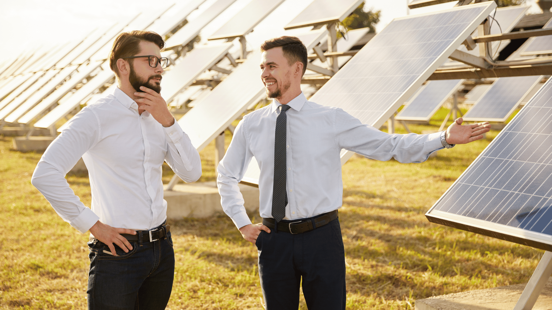 Deux professionnels devant des panneaux solaires pour une prise de décision